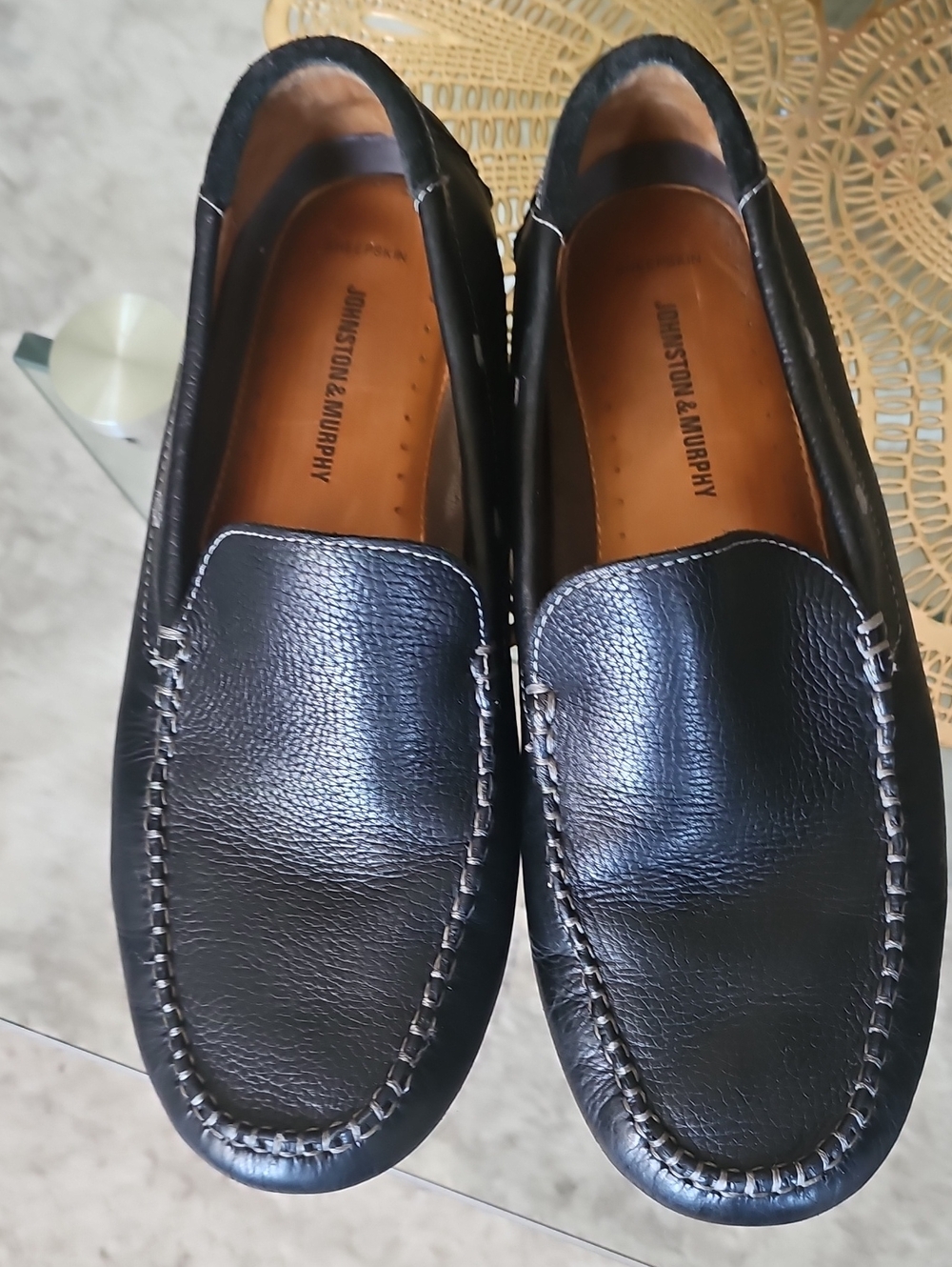 Johnston & Murphy Black Leather Moc Toe Slip-Ons